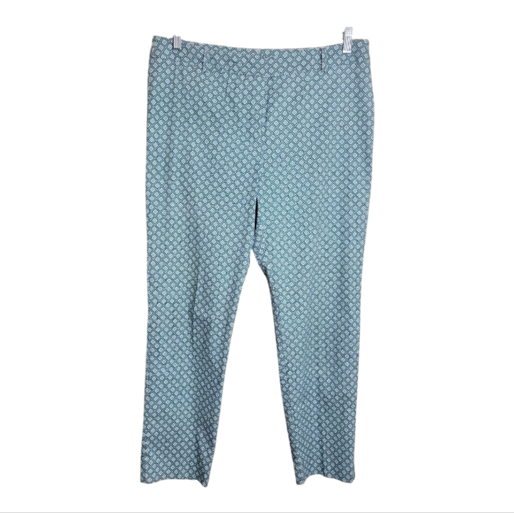 Roz & Ali geometric print pants blue white high rise slim ankle women's size 12